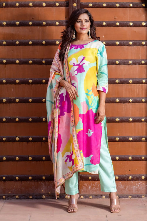 Multicolor Muslin Straight Suit Set