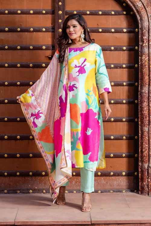 Multicolor Muslin Straight Suit Set