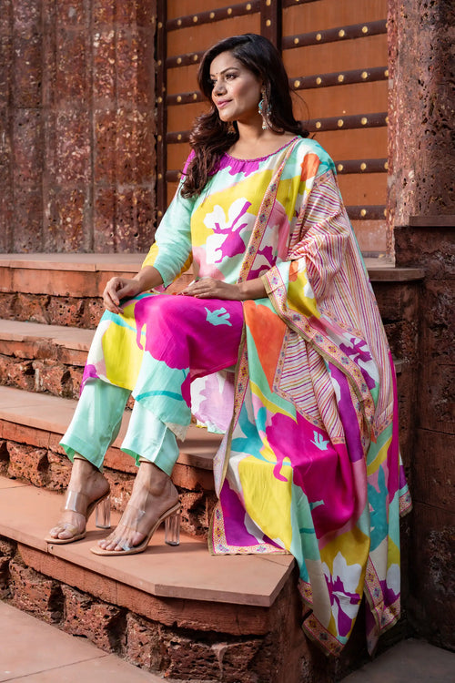 Multicolor Muslin Straight Suit Set