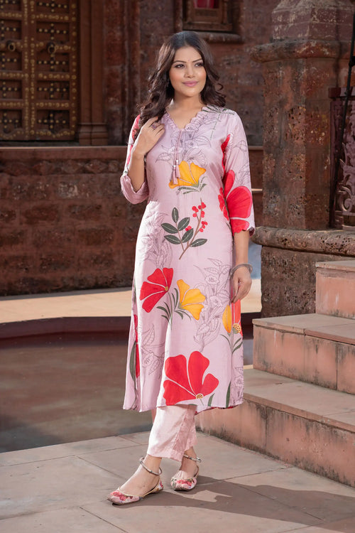 Pink Large Flower Print Kurta Set