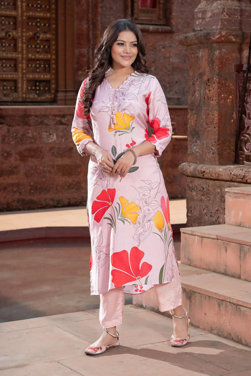 Pink Large Flower Print Kurta Set