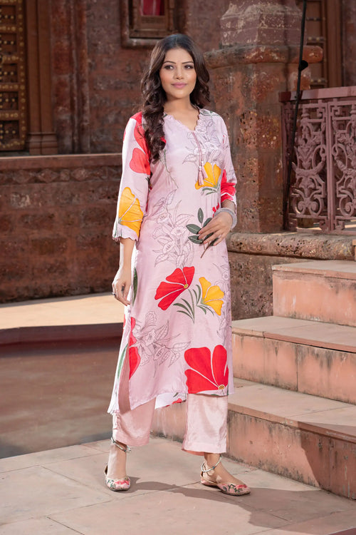 Pink Large Flower Print Kurta Set