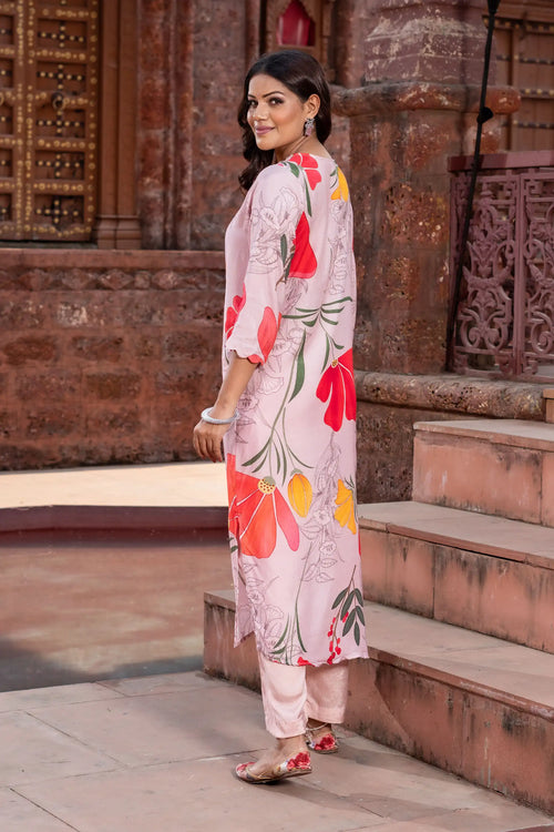 Pink Large Flower Print Kurta Set