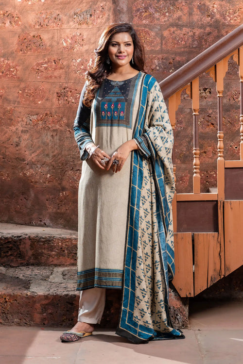 Digital Print Beige & Blue Suit Set