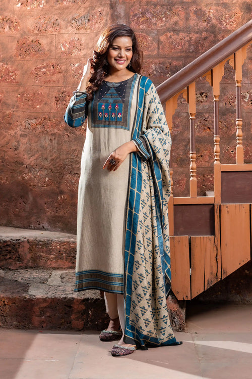 Digital Print Beige & Blue Suit Set