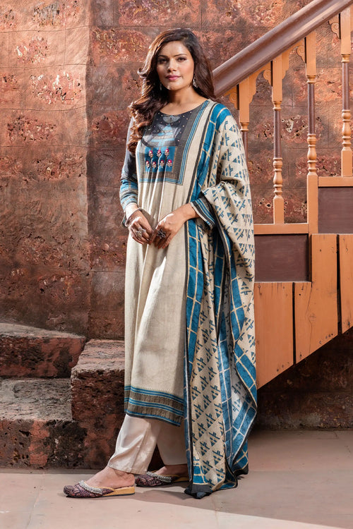 Digital Print Beige & Blue Suit Set