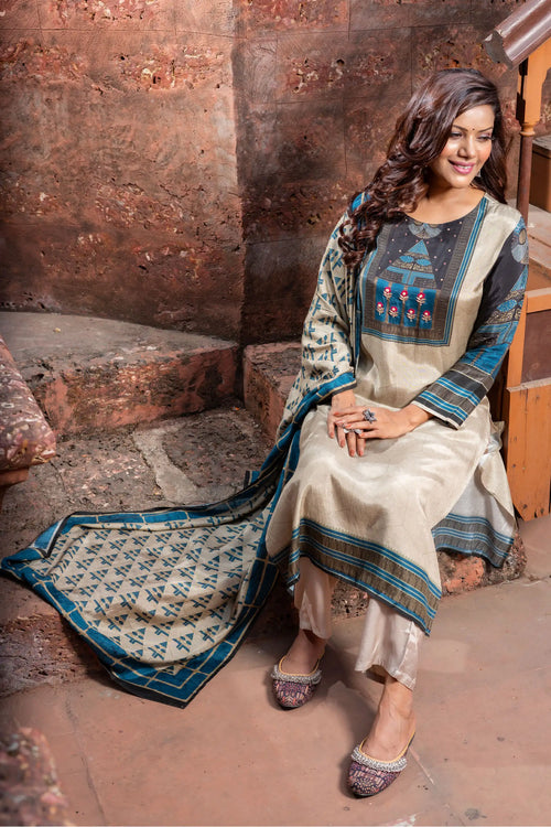 Digital Print Beige & Blue Suit Set