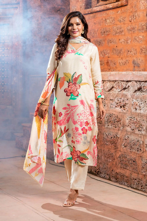 Muslin Nature Inspired Prints Straight-Suit Set