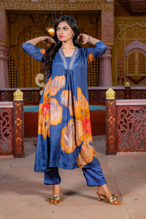 Dark Denim Color Muslin Flared Kurta Set