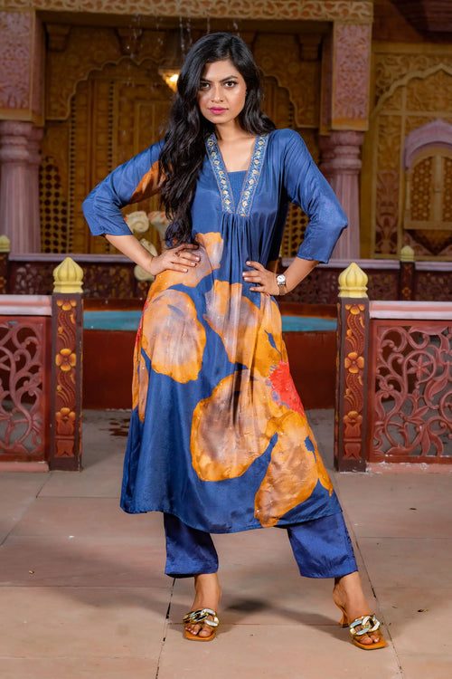 Dark Denim Color Muslin Flared Kurta Set