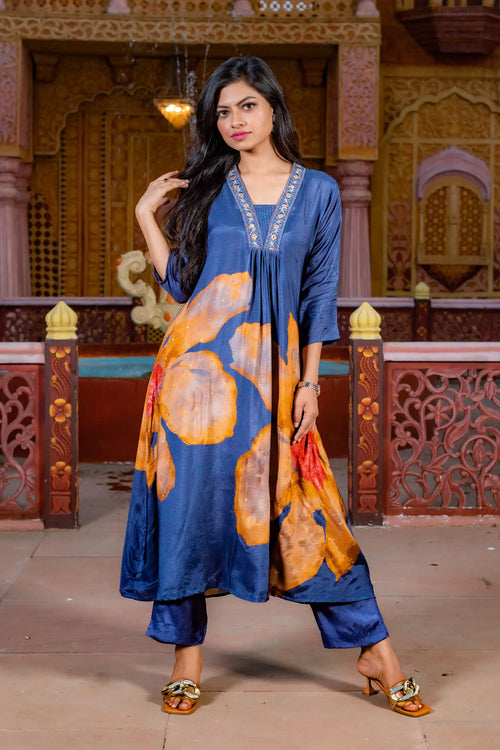 Dark Denim Color Muslin Flared Kurta Set