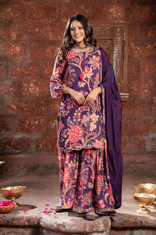 Floral Bloom Purple Chinnon Garara Set