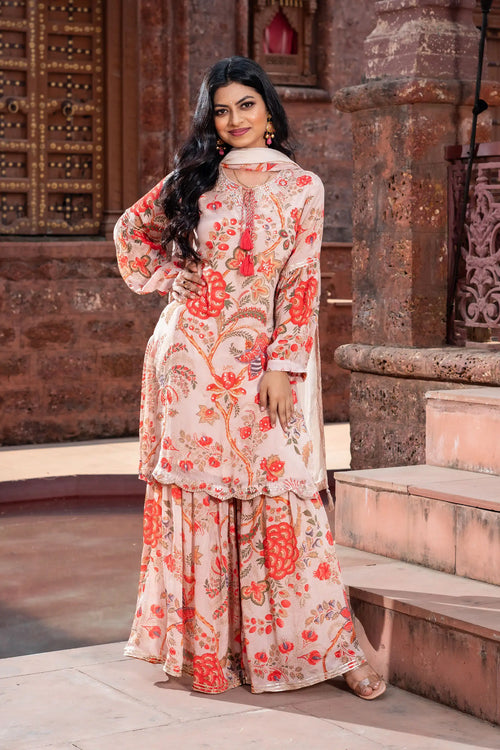 Floral Bloom Peach Color Kurti Garara Set