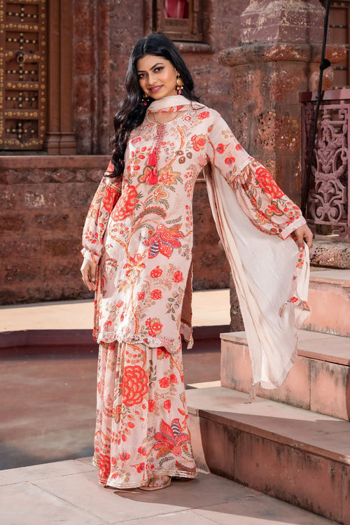 Floral Bloom Peach Color Kurti Garara Set