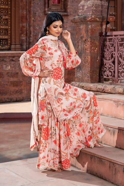 Floral Bloom Peach Color Kurti Garara Set