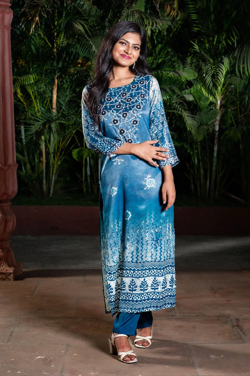 Indigo Block Printed Straight Kurta Set