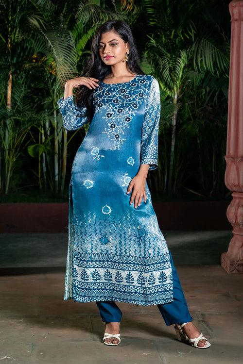 Indigo Block Printed Straight Kurta Set