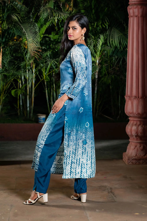 Indigo Block Printed Straight Kurta Set