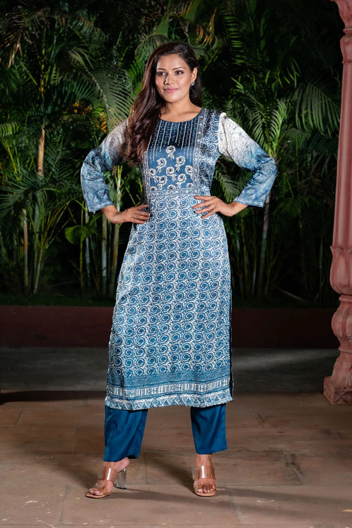 Indigo Block Printed Straight Kurta Set