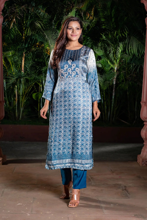 Indigo Block Printed Straight Kurta Set