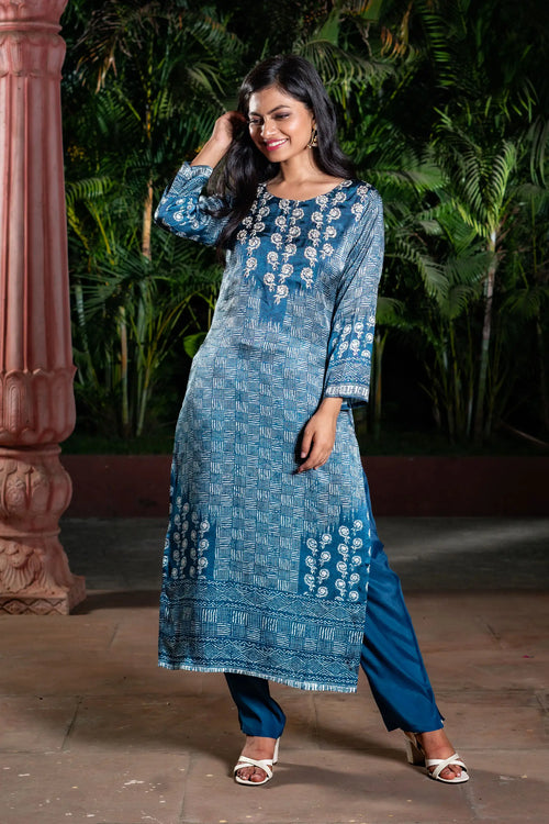 Indigo Block Printed Straight Kurta Set