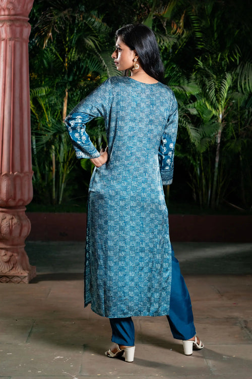 Indigo Block Printed Straight Kurta Set