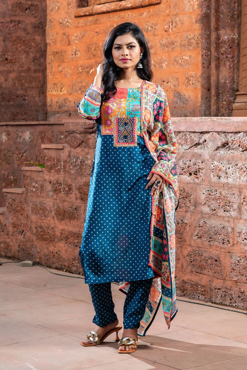 Blue Printed Crepe Suit Set