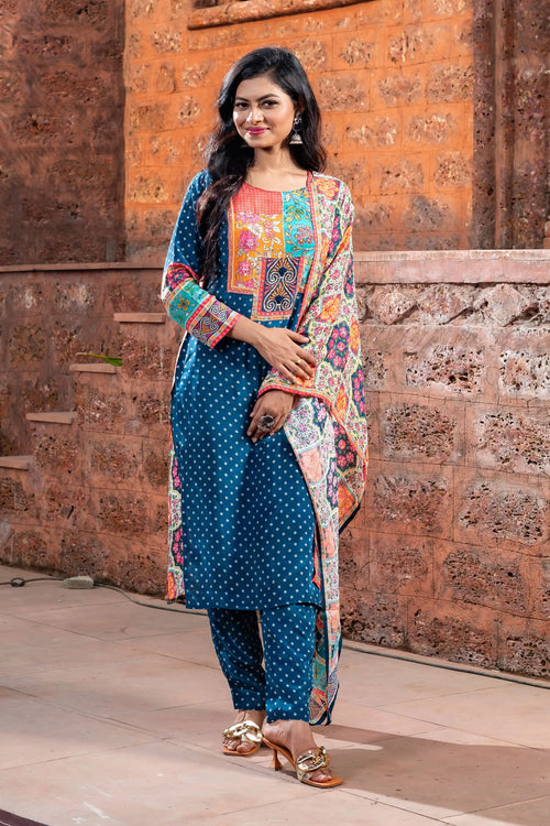 Blue Printed Crepe Suit Set