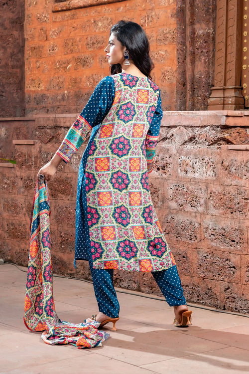 Blue Printed Crepe Suit Set