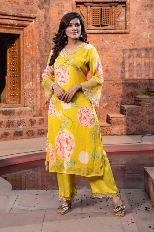 Floral Bloom Chinnon Straight Kurta Set