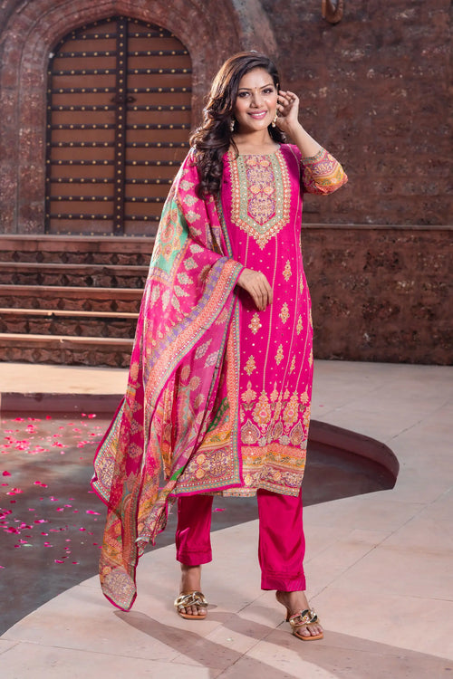 Georgette Magenta Color Printed Straight Suit Set