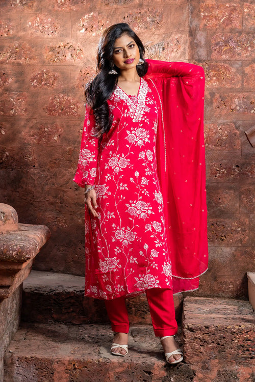 Chinnon Ditsy Print Red Color Straight Suit Set