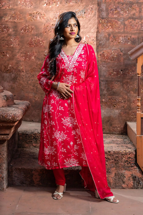 Chinnon Ditsy Print Red Color Straight Suit Set