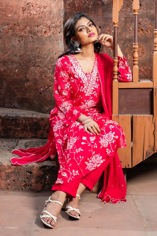 Chinnon Ditsy Print Red Color Straight Suit Set