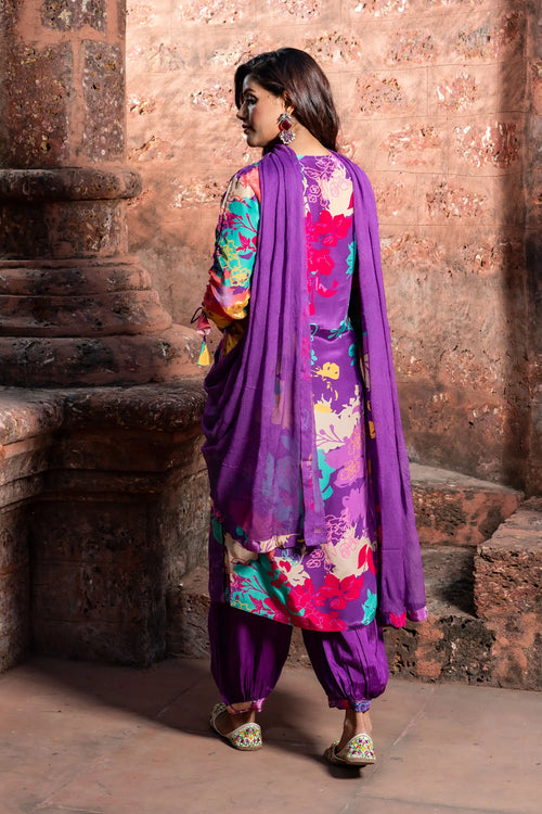 Multicolor Crepe Afghani Straight Suit Set