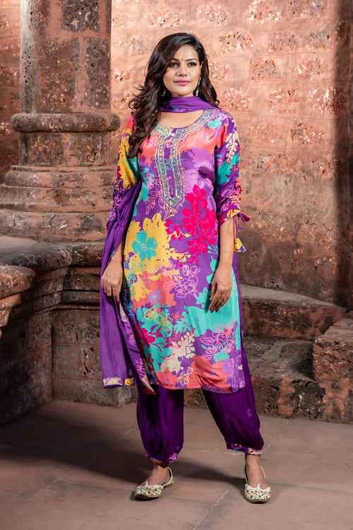 Multicolor Crepe Afghani Straight Suit Set