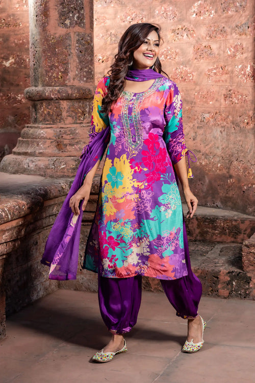 Multicolor Crepe Afghani Straight Suit Set