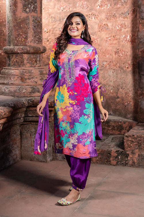 Multicolor Crepe Afghani Straight Suit Set