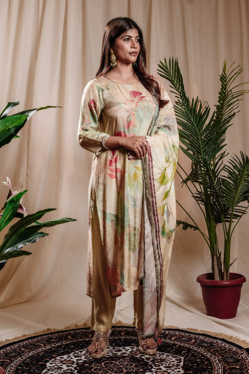 Yellow Green Color Muslin Straight Kurta Set