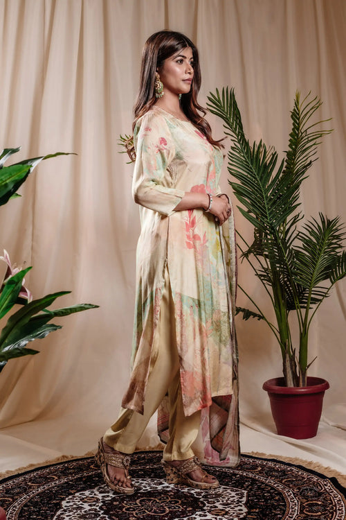 Yellow Green Color Muslin Straight Kurta Set