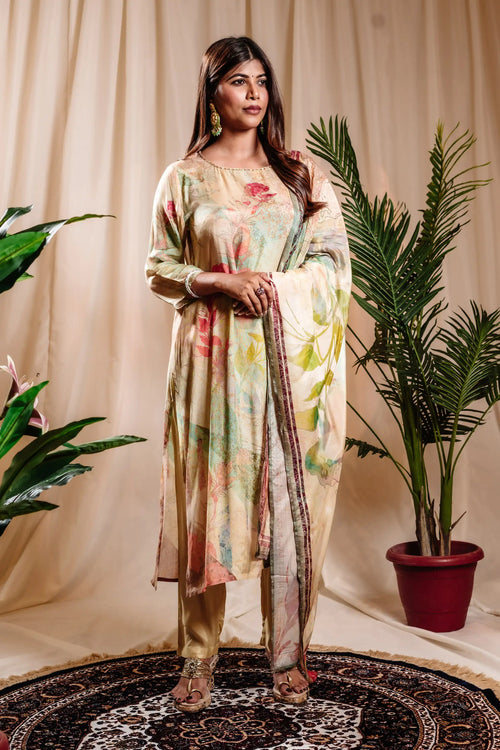 Yellow Green Color Muslin Straight Kurta Set