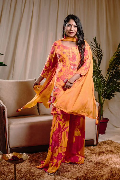 Yellow Pomo-floral Muslin Sharara Set