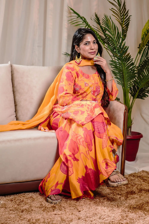 Yellow Pomo-floral Muslin Sharara Set