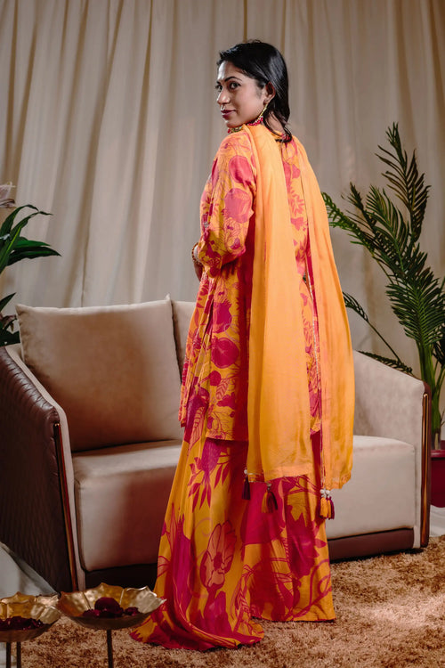 Yellow Pomo-floral Muslin Sharara Set