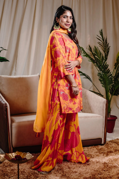 Yellow Pomo-floral Muslin Sharara Set