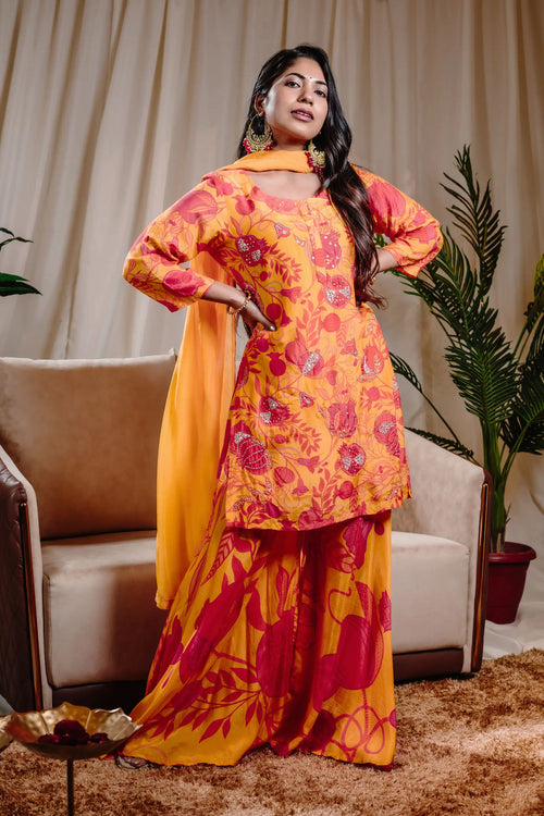 Yellow Pomo-floral Muslin Sharara Set