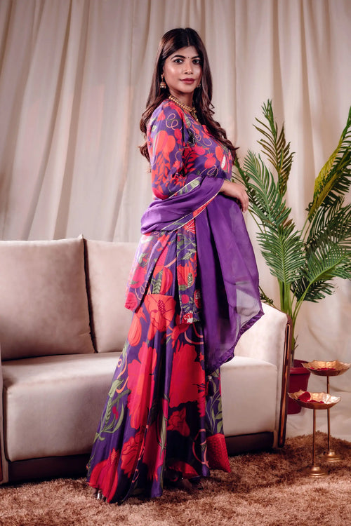 Purple Pomo-Floral Muslin Sharara Set