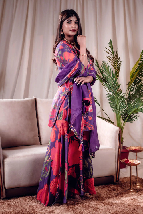 Purple Pomo-Floral Muslin Sharara Set