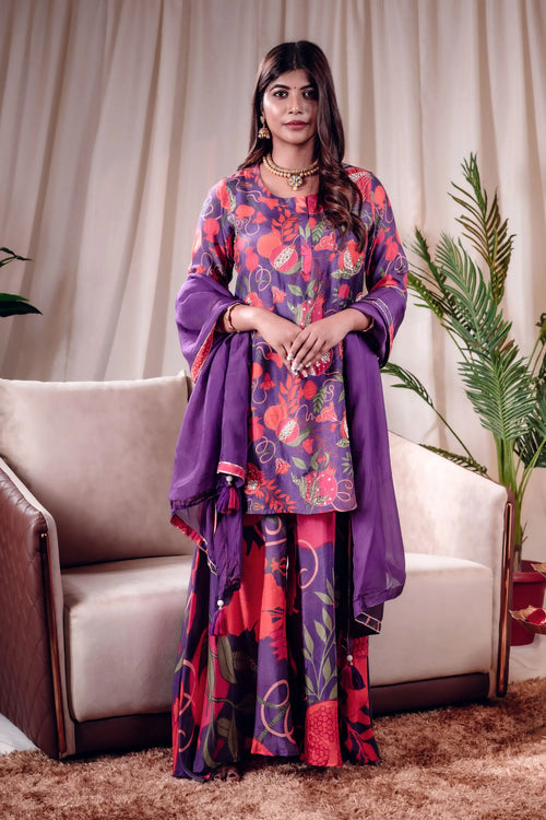 Purple Pomo-Floral Muslin Sharara Set