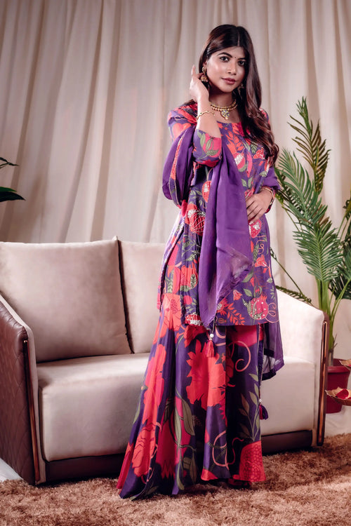 Purple Pomo-Floral Muslin Sharara Set